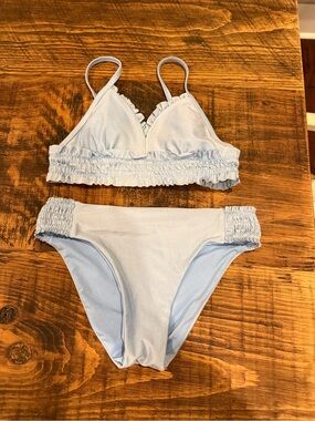 Girls Light Blue Ruffled Bikini Set